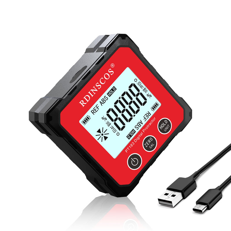 [Australia - AusPower] - Digital LCD Protractor Inclinometer Spirit Level Inclinometer Magnetic Base Angle Measuring Tool Mini Bevel Box with Display Flip Function for Carpenter, Home Red_usb 