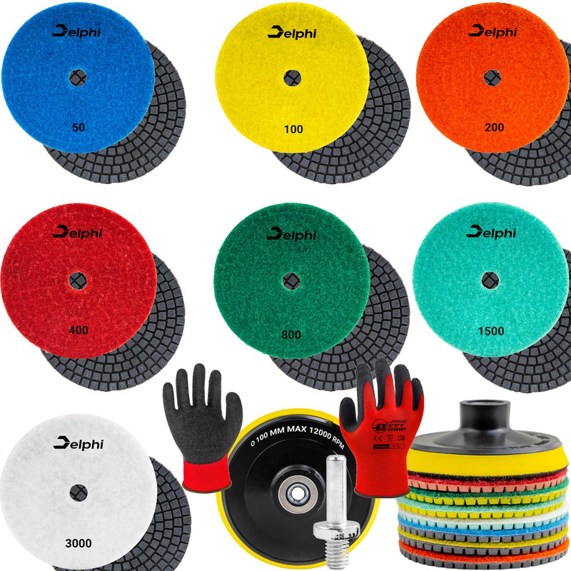 [Australia - AusPower] - DELPHI Wet Diamond Grinding Disc Polishing Set 7 Pieces Diamond Discs Set 100 mm for Grinding Polishing Porcelain Stoneware, Ceramic Grit 50-3000 with Wool Pad M12 Adapter and Protective Gloves 