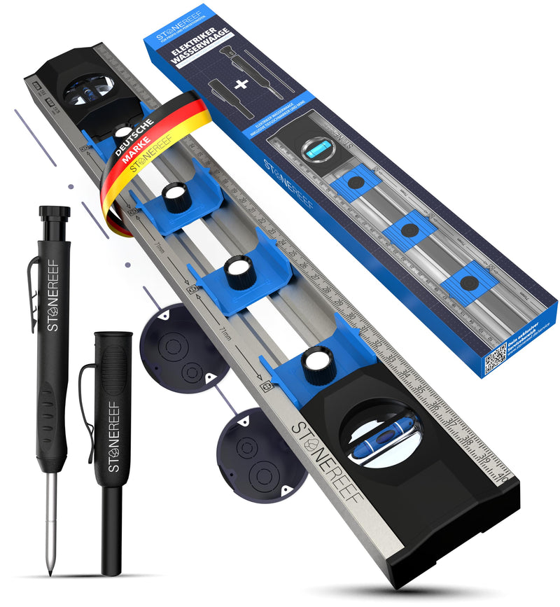 [Australia - AusPower] - Electrician Spirit Level 40 cm - Precision Spirit Level for DIY with Sliding Drill Holes and Measuring Scales - Ideal for Socket Installation and Renovation Work Electrician spirit level including deep hole marker 