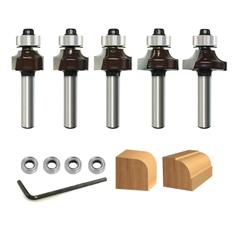 [Australia - AusPower] - glryd Pack of 5 Rounding Cutter 8 mm Shank, Radius 2-3-4-5-8 mm, with 4 Interchangeable Ball Bearings, Round Cutter, Carbide Radius Cutter, Round Over Cutter Bits, for Carpentry, Chamfering 5- Stück Abrundfräser 