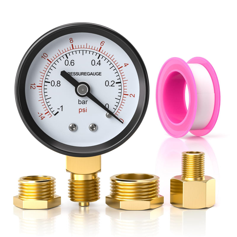 1 x 50 mm vacuum gauge BSP 1/4 inch -1~0 bar -14~0 psi with 2 pieces socket 1/4 inch to 3/8 inch, 1/4 inch to 1/2 inch and 1 piece hex nipple to reduce from 1/4 inch to 1/8 inch, a Teflon tape, radial 50MM, -1 bar(-14 psi)