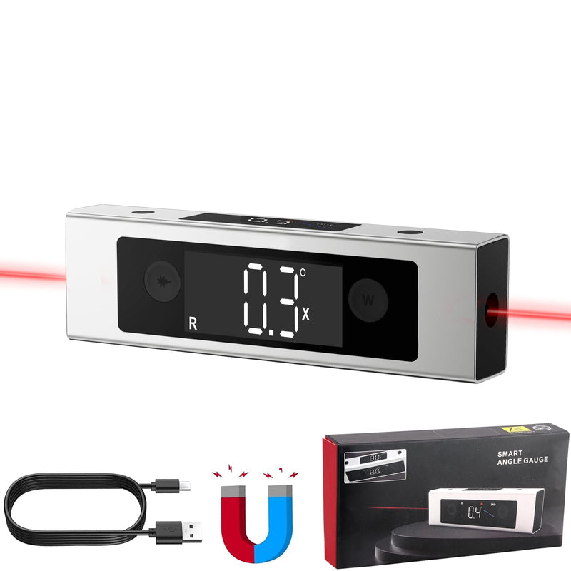 [Australia - AusPower] - eSynic Digitaler Neigungswinkelmesser mit Dual-Achsen, Präzisions-Inklinometer, Doppel-LCD-Display, Laser-Level, 4 * 90° Messbereich, Wiederaufladbar mit USB-C Silver 