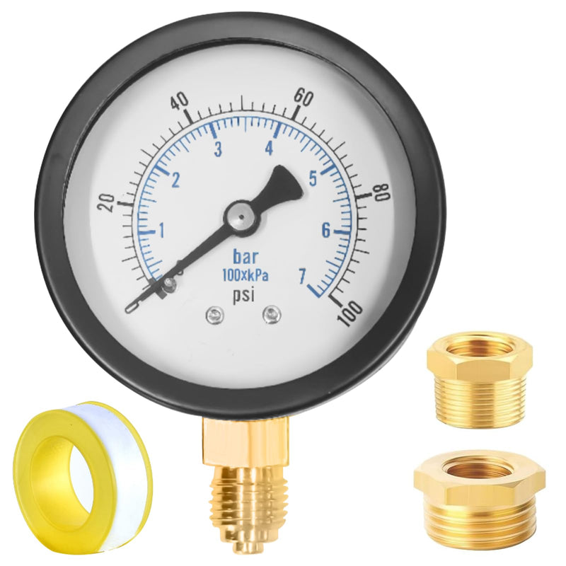 [Australia - AusPower] - Editbar Pressure Gauge 62 mm 0-7 Bar 0~100 Psi, Well Pump Pressure Gauge, Black Dial, 1/4 Inch BSP Nipple Copper Adapter with 1/2 Inch BSP and 3/8 Inch BSP Brass Socket Adapter and Teflon Strap 