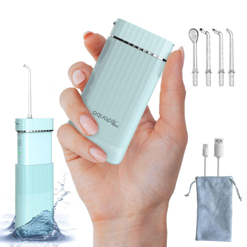 [Australia - AusPower] - Wireless Portable Oral Irrigator | Aquapik® Mini | Portable Water Flosser, IPX7 Waterproof, 1200 Pulses/min (40-140 PSI), 21 Days Battery (1100mAh), 4 Nozzles (Implants & Braces) (Blue) Blue tragbar 