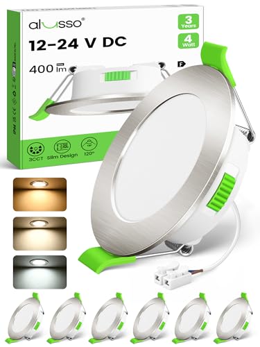 Alusso 12-24 V LED Recessed Ceiling Spotlight, IP44 Furniture Recessed Spotlight, Flat | 4 W, drill hole 55-68 mm and 29 mm flat, 3000 K warm white 4000 K neutral white, 6500 K cool white, nickel, set of 6 Nickel, Diameter 55-68 Mm