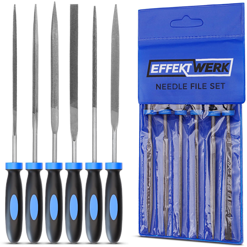 [Australia - AusPower] - EffektWerk - 6-pc Needle File Set for Wood, Metal, Plastic & Jewellery - Small Round, Half-Round, Square, Triangle, Flat & Flat Pointed Files - Handy Tools for Fine Finishing w/Ergonomic Handles 