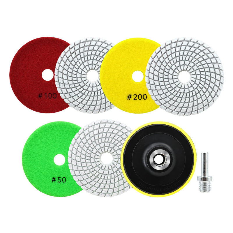 [Australia - AusPower] - SANLEETEK Wet Diamond Polishing Discs - Diamond Polishing Pad 6 Pieces 100 mm Grit 50 x 2/100 x 2/200 x 2 with M14 Support Plate + Adapter for Granite Marble Artificial Stone Quartz for Angle Grinder Set3 