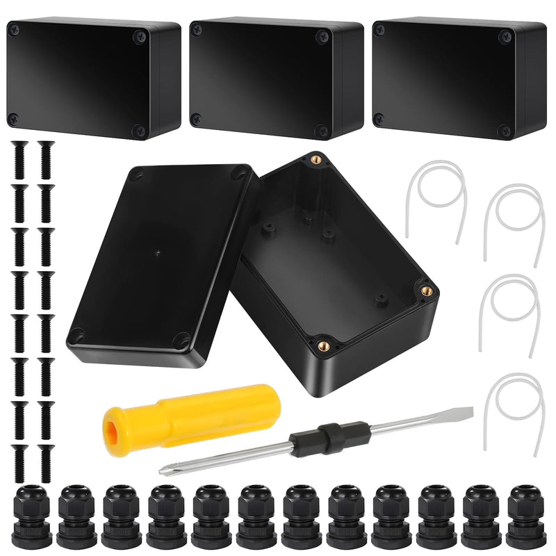 [Australia - AusPower] - 4 Piece Junction Box, IP67 Waterproof Plastic Housing with 12 Cable Glands, 100 x 68 x 50 mm Junction Box, Black, Housing Electronics for Indoor and Outdoor Electrical Installations Black IP67 