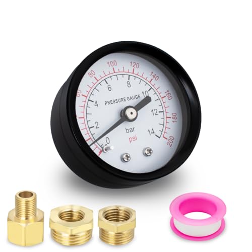 1-Pcs 50 mm Well Pump Pressure Gauge BSP 1/4 Inch 0-14 Bar 0 ~ 200 Psi with 2 Pieces Socket 1/4 Inch to 3/8 Inch, 1/4 Inch to 1/2 Inch and 1 Piece Hex Nipple Reducing 1/4 Inch to 1/8 Inch, Teflon Tape, Axial 50MM, 14bar(200psi)