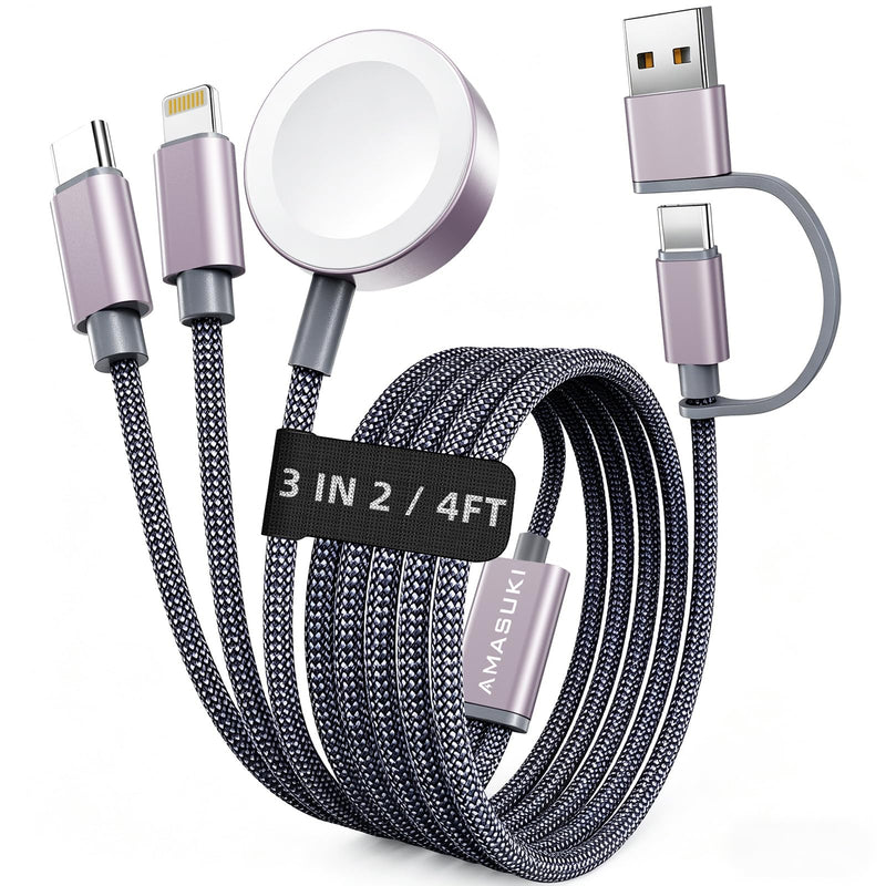 3-in-2 Charging Cable for Apple Watch, USB-C Multi Charging Cable, for iWatch Ultra/SE/11/10/9/8/7/6/5/4/3/2/1, iPhone 17–11/Galaxy S23, 1.25 m, for Camping Travel, Outdoors, Watch Stand 1.25m gray