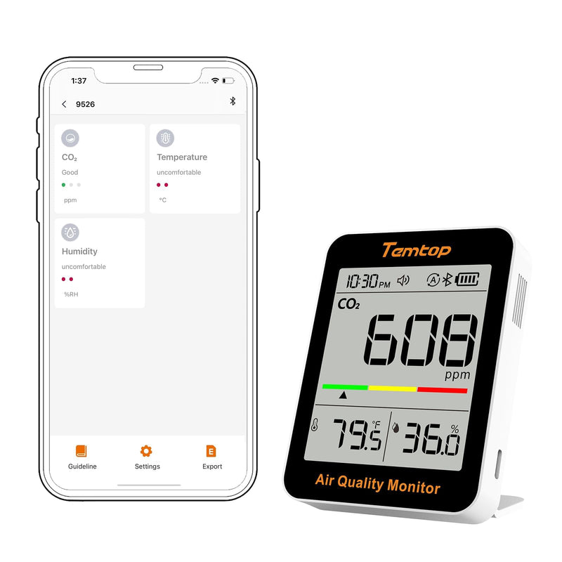 [Australia - AusPower] - Temtop C1+ CO2 Meter with App, Bluetooth Thermometer, Hygrometer with CO2 Measurement, Temperature and Humidity Sensor, Smart Monitor for Indoors, Office, Living Room, School Room Mit APP CO₂ Temp. & Feucht 