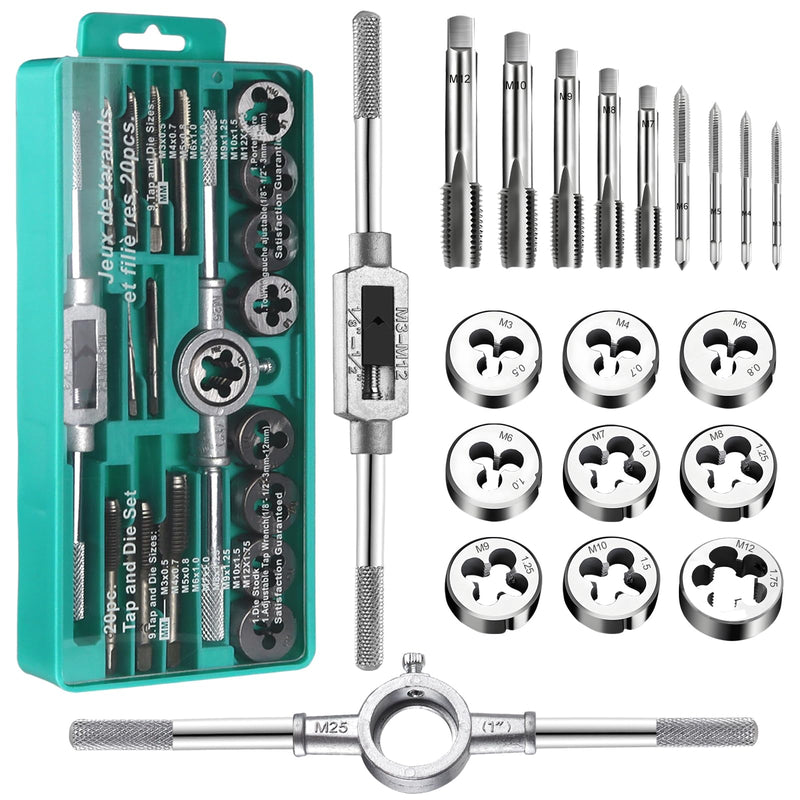 Tap and Die Set M3 - M12 Fine Thread Cutter Tap and Die Set 20 Pieces Thread Cutting Machine Inch Professional Tap Wrench Metric with Drill Thread Cutting Set Fine Thread