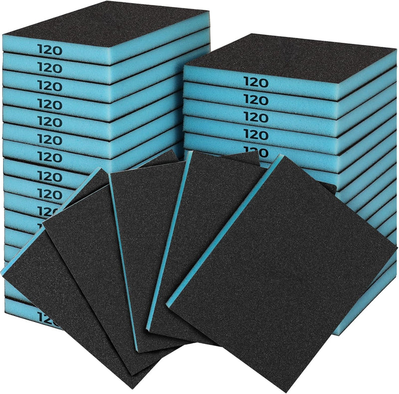 Pack of 18 Soft Sanding Sponges, Wet and Dry, Grit 120 | Double-Sided, Corundum Grain, Washable & Reusable, for Wood, Plastic, Metal, Flexible & Tear Resistant, Blue 18 pieces-120 grit