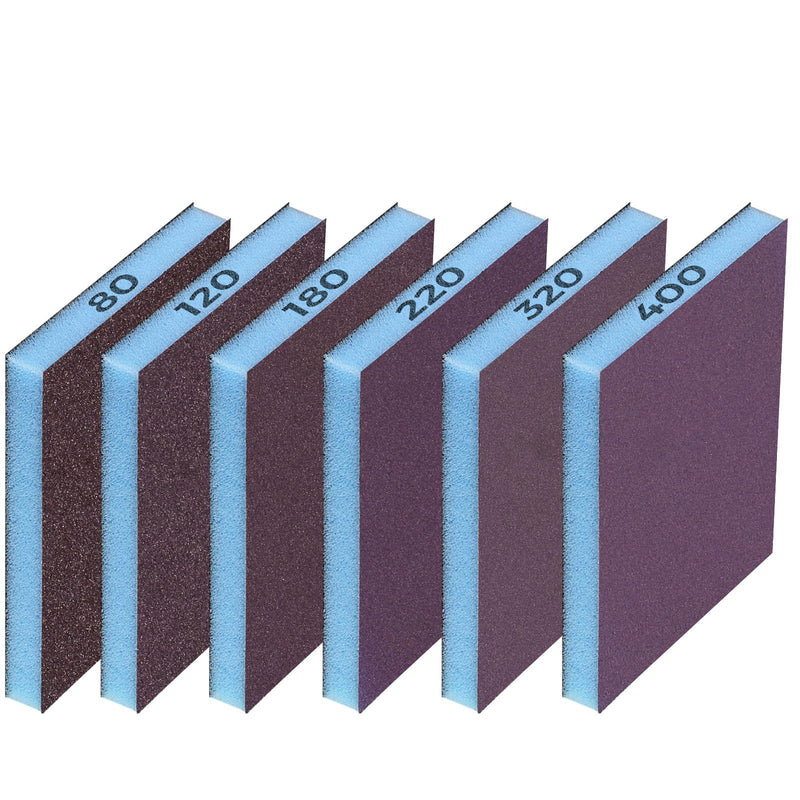 [Australia - AusPower] - STEBRUAM 6 Piece Sanding Sponge Set, 80/120/180/220/320/400, 6 Different Sanding Sponge Sanding Pads Assortment for Wood, Metal, Wall Foam, Drywall Mix Körnung Blue 