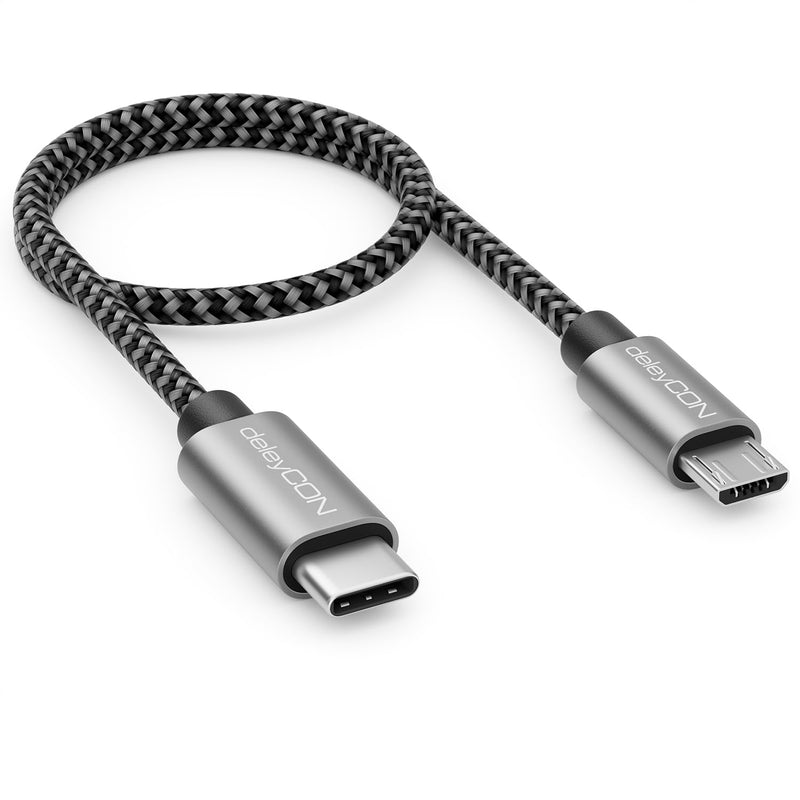 deleyCON 0.30 m USB-C to Micro USB Cable Adapter - Black | Short 30 cm, charging cable and data cable for mobile phone, smartphone, tablet, camera, charger, notebook, etc. 0.3 M