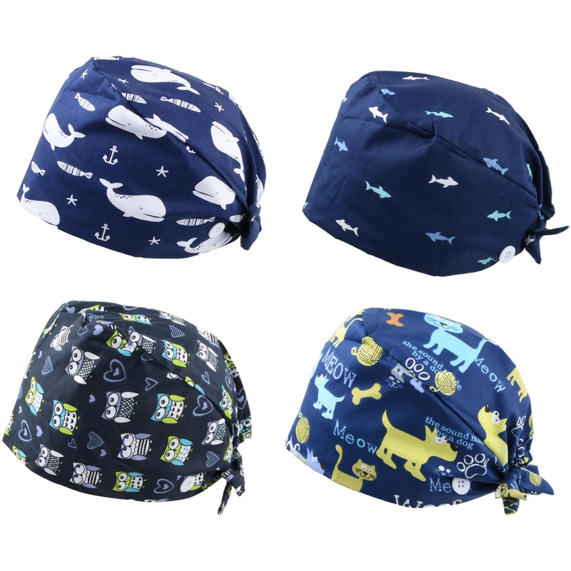 [Australia - AusPower] - Amexo Pack of 4 Surgical Caps, Cotton Exfoliating Hat with Sweatband and Buttons, Surgical Hat, Dust Cap, Adjustable Bandana Cap, Chef's Hat for Men and Women, blue 