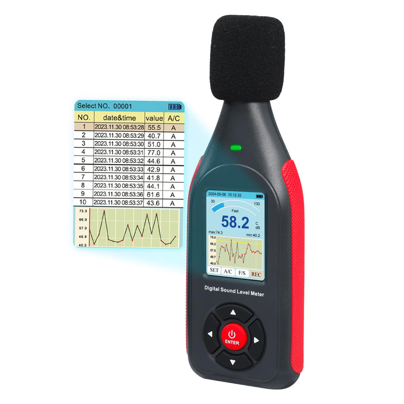 [Australia - AusPower] - Decibel Meter, Data Logger, Digital Sound Decibel Meter, Sound Level Meter with 43,000 Records and Export, Rechargeable Noise Meter with A/C Frequency and DC Output with Alarm 