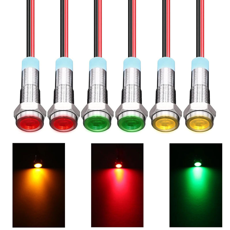 [Australia - AusPower] - Cerioll LED Metal Indicator Light, LED Metal Indicator Light, 6 mm LED Indicator Light, Pack of 6 Metal Indicator Light with Wire, Waterproof Signal Lamp, 110 V-220 V (Red, Yellow, Green, 2 Pieces of 