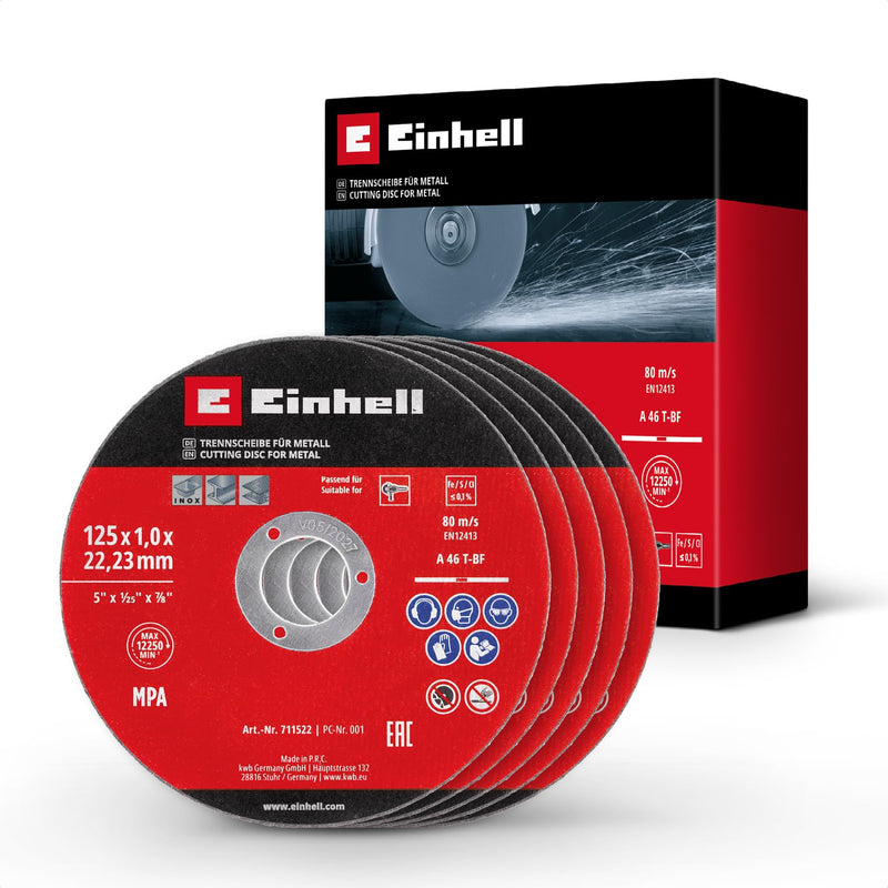 [Australia - AusPower] - Original Einhell 5-Piece Thin Cutting Disc Set for Metal, Diameter 125 mm (1 mm Thickness, MPA Certified, Long Life, Precise, Low-Burr Cuts, for Angle Grinders) 