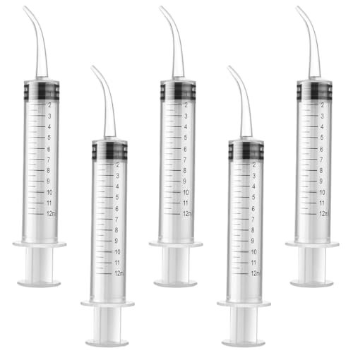 JEYORZY Pack of 5 Dental Syrings, Disposable Dental Rinse Syringe 12 ml with Curved Tip for Dental Care, Pet Care, Adhesive Filling, Laboratory, Oral Dental Injection Measurement, Mouth Syringe Ear