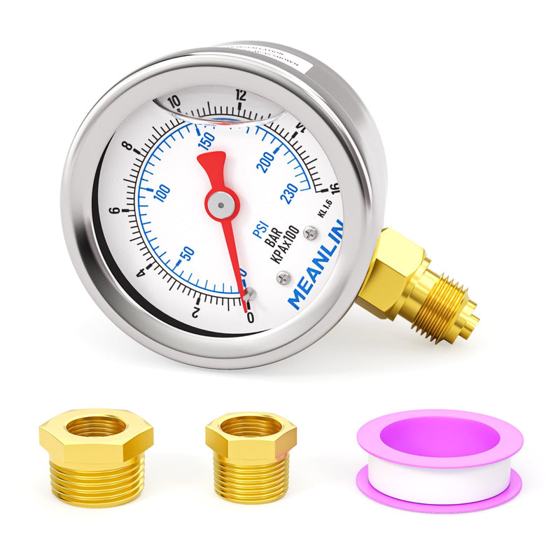 [Australia - AusPower] - MEANLIN MEASURE 0-16BAR/0~230Psi Stainless Steel 1/8" BSP 1.5" Face Dial, Glycerine Filled Pressure Gauge, Liquid Filled, Water Oil Air, Forearm, with 1/8" x 1/4" BSP and 1/8" x 3/8" BSP Hex Socket 0~16BAR/0~230PSI Mounted on the bottom 
