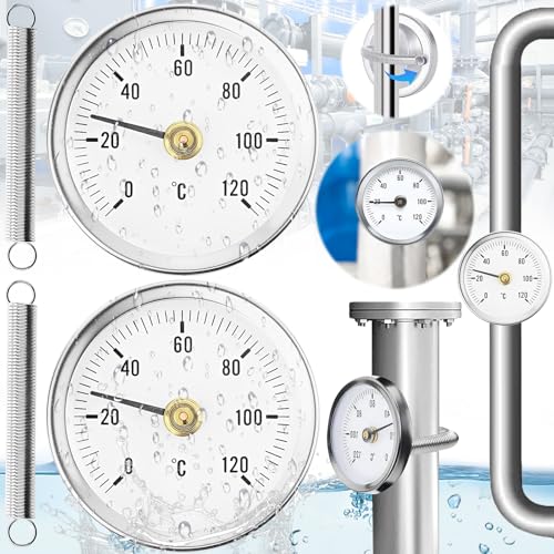 Pipe Thermometer Heating Pipe Stainless Steel Pack of 2 | Temperature display with clip-on 0-120 °C, portable pipeline thermometer, monitoring pipe temperature (with 2 springs)