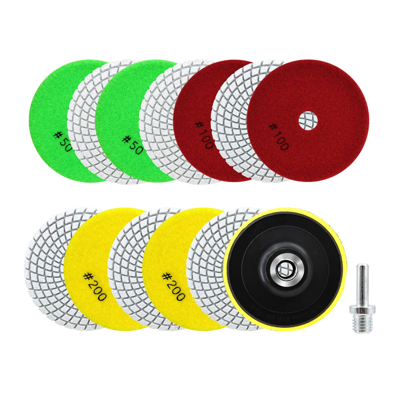 [Australia - AusPower] - SANLEETEK Wet Diamond Polishing Discs - 12 Pieces 100 mm Diamond Polishing Pad Grit 50 x 4/100 x 4/200 x 4 with M14 Support Plate + Adapter for Granite Marble Artificial Stone Quartz for Angle Grinder Set3 