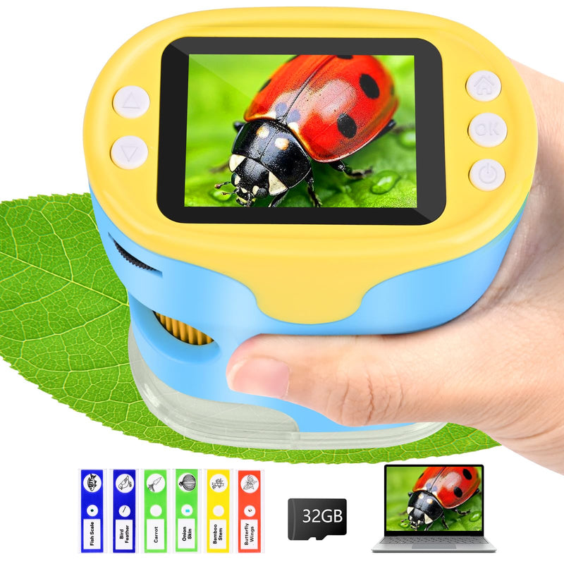 [Australia - AusPower] - Microscope for Children, Vankarr 1000X Digital Pocket Microscope, Portable Mini Mobile Phone Microscopes with 32GB SD Card, 2 Inch IPS Screen, Slide Samples, Gift for Children, Students, Blue 