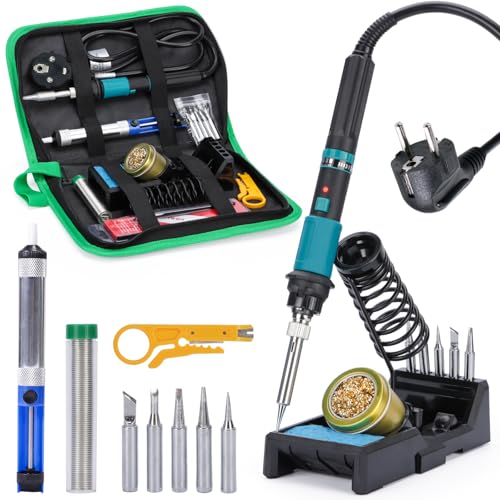 YIHUA 947-IX Soldering Iron Set with Adjustable Temperature Range 220~480°C, Power Switch, Temperature-Controlled ESD-Safe Soldering Set, 5 Soldering Tips for DIY Soldering, Replacement Soldering Iron Set (EU Plug)