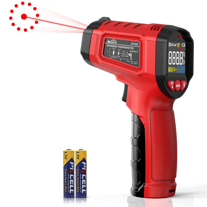 Infrared Thermometer, SQECH Temperature Meter -50℃~600℃(-58℉~1112℉) | With adjustable emissivity and colored backlight, for cooking, pizza oven, refrigerator, industrial (red) Red (-50°C ~ 600°C)