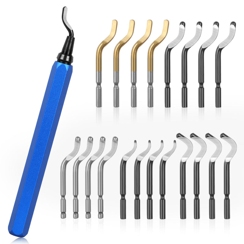 [Australia - AusPower] - KOMABLEN Pack of 21 Deburring Metal Tool Universal, Hand Deburring with 20 High-Speed Steel Blades, 360° Rotating Deburring Tool, 3D Printer Accessories for Plastic, Aluminium, Stainless Steel blue 