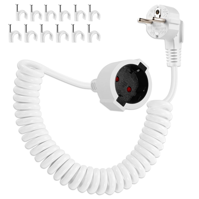 [Australia - AusPower] - Schuko Extension Cable Spiral 2 m, Protective Contact Spiral Extension Stretchable from 0.75 m to 2 m, 3680 W Spiral Cable Extension Spiral Cable Plug Cable with Schuko Plug and Coupling, White 