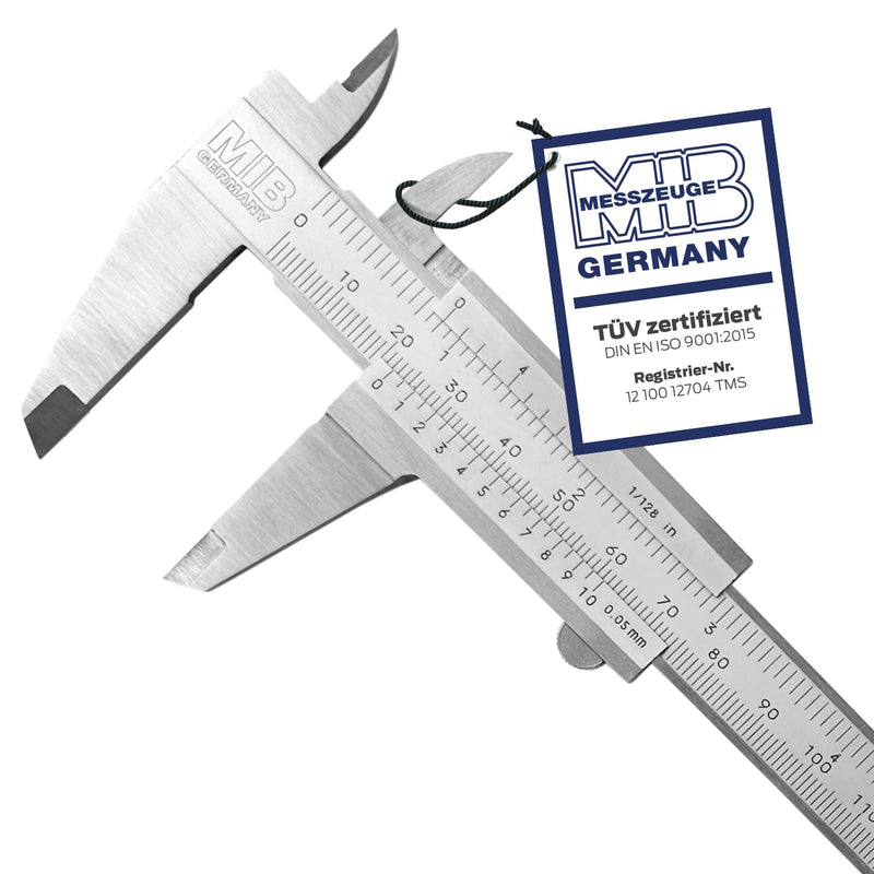 MIB Vernier Caliper Analogue 150 mm | Calliper Analogue | Vernier Caliper | DIN 862 | Thrust gauge made of stainless steel with locking screw | Matt chrome-plated | Caliper for precise 4-way DIN 862 150mm