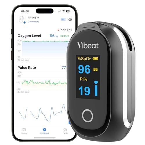 Vibeat Sleep Bluetooth Pulse Oximeter with Continuous Mode, Rechargeable Oxygen Saturation Meter for Fingers with 8 x 10 Hours Data Recording, Blood Oxygen Meter Finger with Auto Data Synchronous