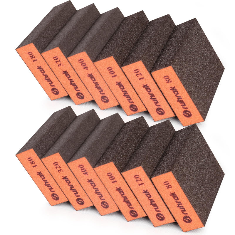 [Australia - AusPower] - Sruhrak Sanding Block 12 Pieces Hard Sanding Sponge, 80/100/120/180/320/400 Grit Wet Dry Reusable Sanding Pad for Wood, Plastic, Plasterboard and Metal Polish 12 pcs-80/100/120/180/320/400 grit (2 pieces each) 