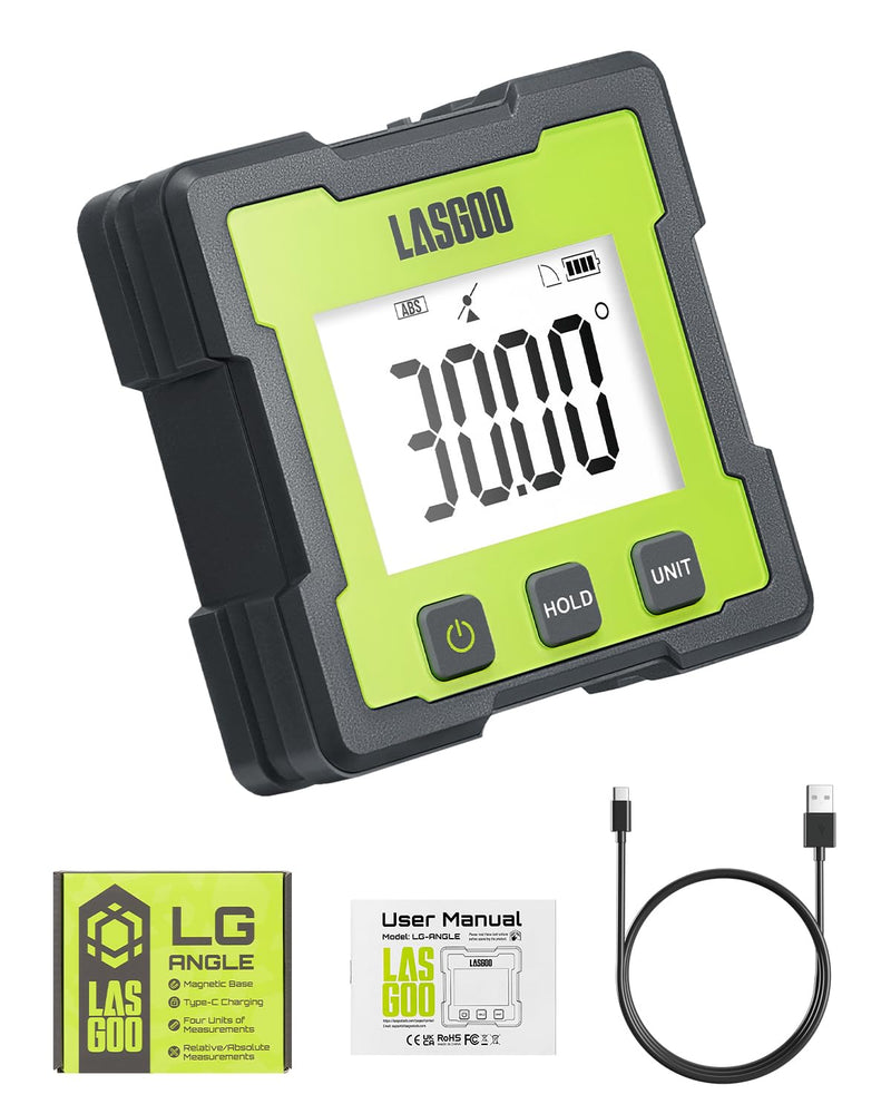[Australia - AusPower] - LASGOO Digital Angle Finder, 0-360° Protractor, Rechargeable Magnetic Inclinometer with LCD Display, 4 Measuring Units for Carpentry, Construction, Masonry, Automotive 