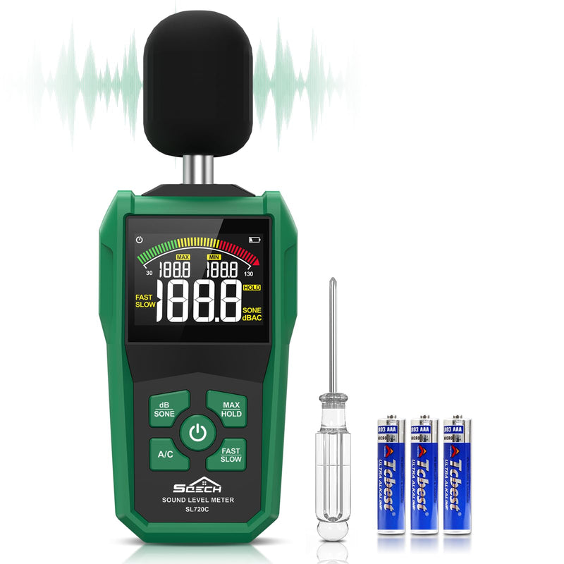 SQECH Decibel Meter dB Meter Sound Level Meter Range 30-130dB | Volume meter with colored background display screen A/C rating dB/SONE units fast/slow response