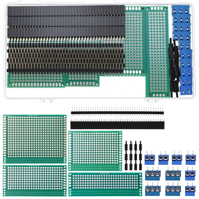 QWORK 46pcs PCB Set Double Sided Prototype PCB Board Kit with Male/Female Header and Screw Terminals