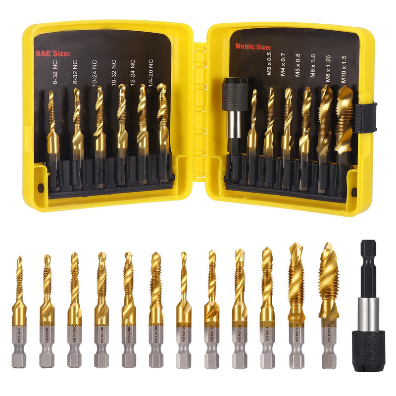 [Australia - AusPower] - HSEAMALL 13-Piece Tap Set, Combination Drill Bit Set, 6 mm, HSS M3-M10 Tap Set SAE 6-32NC to 1/4-20NC Drilling, Thread Cutting and Countersinking Iron, Aluminium, Copper, Metal 13 pcs gold 