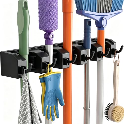 AceMining Broom Holder Wall, 5 Holders + 6 Hooks Broom Holder Robust | ABS Plastic, Thick Durable Mop Wall Mount for Home Kitchen Garage Garden Tool Holder Brackets 1 Piece Black Black 1 Pack