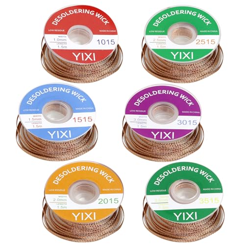 Desoldering Wire, No-Clean Soldering Braid, 1.5 m Copper Wire, Pack of 6 | 1.0/1.5/2.0/2.5/3.0/3.5 mm for desoldering, desoldering wick for removing solder and disassembling electrical components