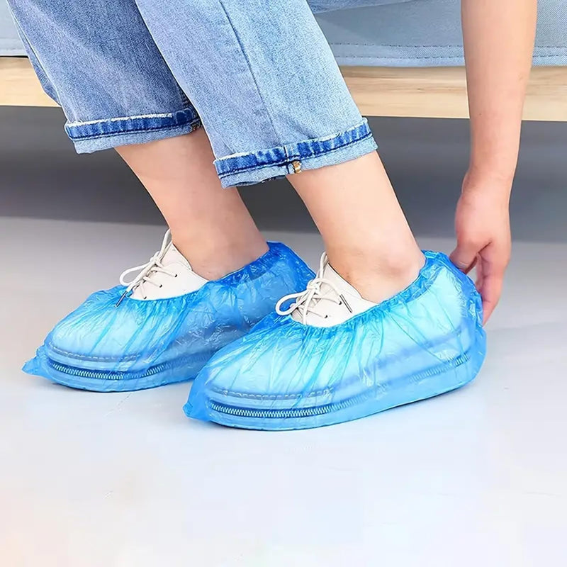 [Australia - AusPower] - Set of 10 Disposable CPE Overshoes - High Tear Resistance - Reinforced Elastic Band - DPI for Home, Garden and Work - Reliable Protection - Matte Blue 