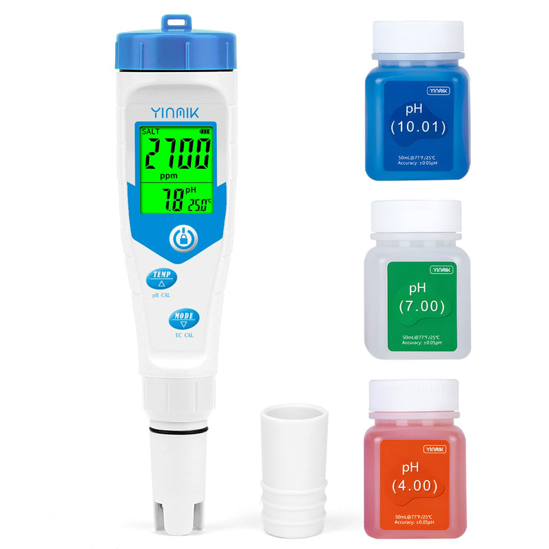[Australia - AusPower] - YINMIK pH Meter Water, pH Salt Meter for Pool, pH PPM Simultaneous Display for Drinking Water, Digital pH EC Meter for Hydroponics, TDS Conductivity MicroSiemens Tester for Aquarium Koi Ponds Simultaneous display 5 in 1 tester with calibration solution 