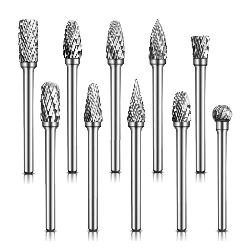 [Australia - AusPower] - Carbide Burrs, 10 Pieces Double Cut Metal Router Bit Dremel Grinding Attachments for Grinding, Carving, Metal Polishing, Engraving, Drilling 