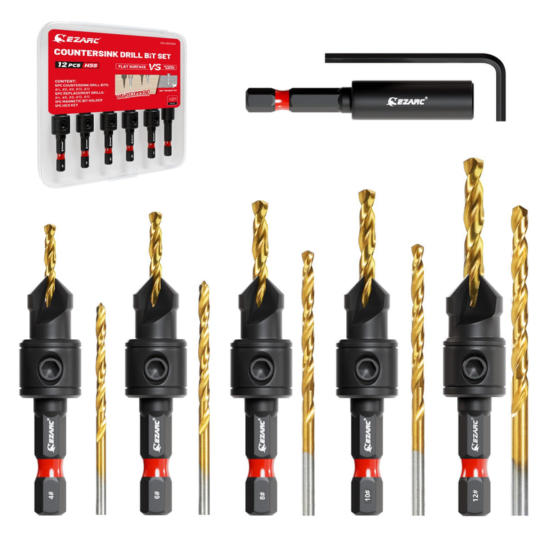 [Australia - AusPower] - EZARC Countersink Drill Bit Set for Woodworking, #4, #6, #8, #10, #12, Magnetic Extended Bit Holder with Storage Box 