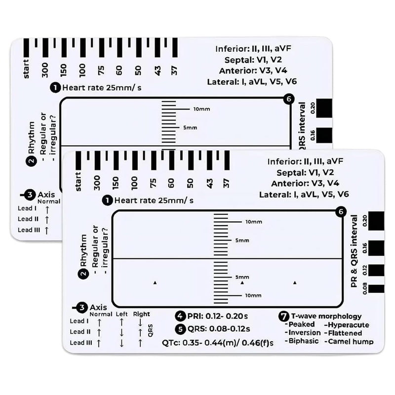 ECG 7 Level Ruler Card for ECG/ECG Interpretation, Portable Bag, Plastic, 85.6 mm x 53.98 mm, Medical Instrument, Simple Plastic Construction, ECG 7 Step Ruler, Pack of 2