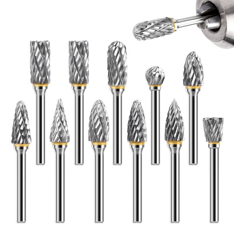 [Australia - AusPower] - Lytool Carbide Burr Set, 12 Pieces Double Cut Rotary Cutter with 3 mm Shank, Dremel Accessories for Wood Carving, Metal Polishing, Engraving, Grinding and Drilling 