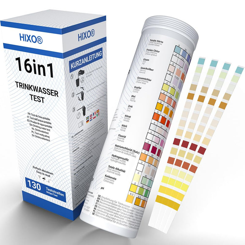 [Australia - AusPower] - 130 x 16-in-1 drinking water test strips in tube, water analysis for 16 parameters, ideal water test strips for drinking water, pool, spa and aquarium, tests water hardness, lead, copper, iron and 