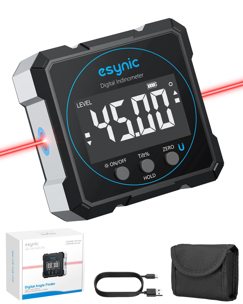 eSynic Digital Protractor Inclinometer Laser Spirit Level 4-Sided Magnetic Protractor 4 x 90° Measuring Range 0.05° Resolution Rechargeable with USB-C for Woodworking and Construction Projects Black