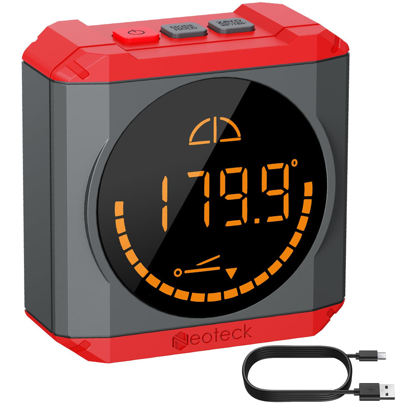 [Australia - AusPower] - Neoteck Digital Protractor Inclinometer with LED Display, Rechargeable Spirit Level, Magnetic Base, 4 Units, IP54 Waterproof for Woodwork, Construction, DIY Projects, Red 